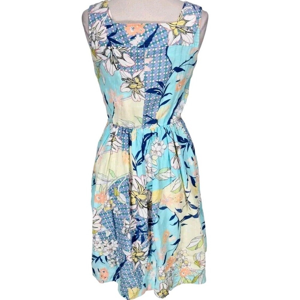 Melvin Hamburg Linen Floral Mini Dress Blue Square Neck Sleeveless M Euro Summer